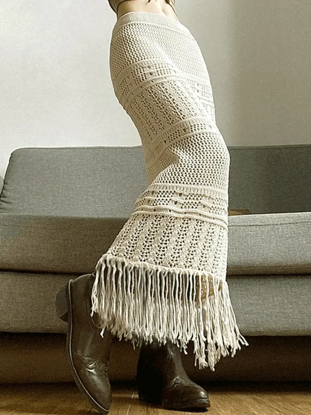 Womens Knitted Skirt With Hollowed Out Design Tassel Trim And Solid Color Beige - Shop at LoveMi