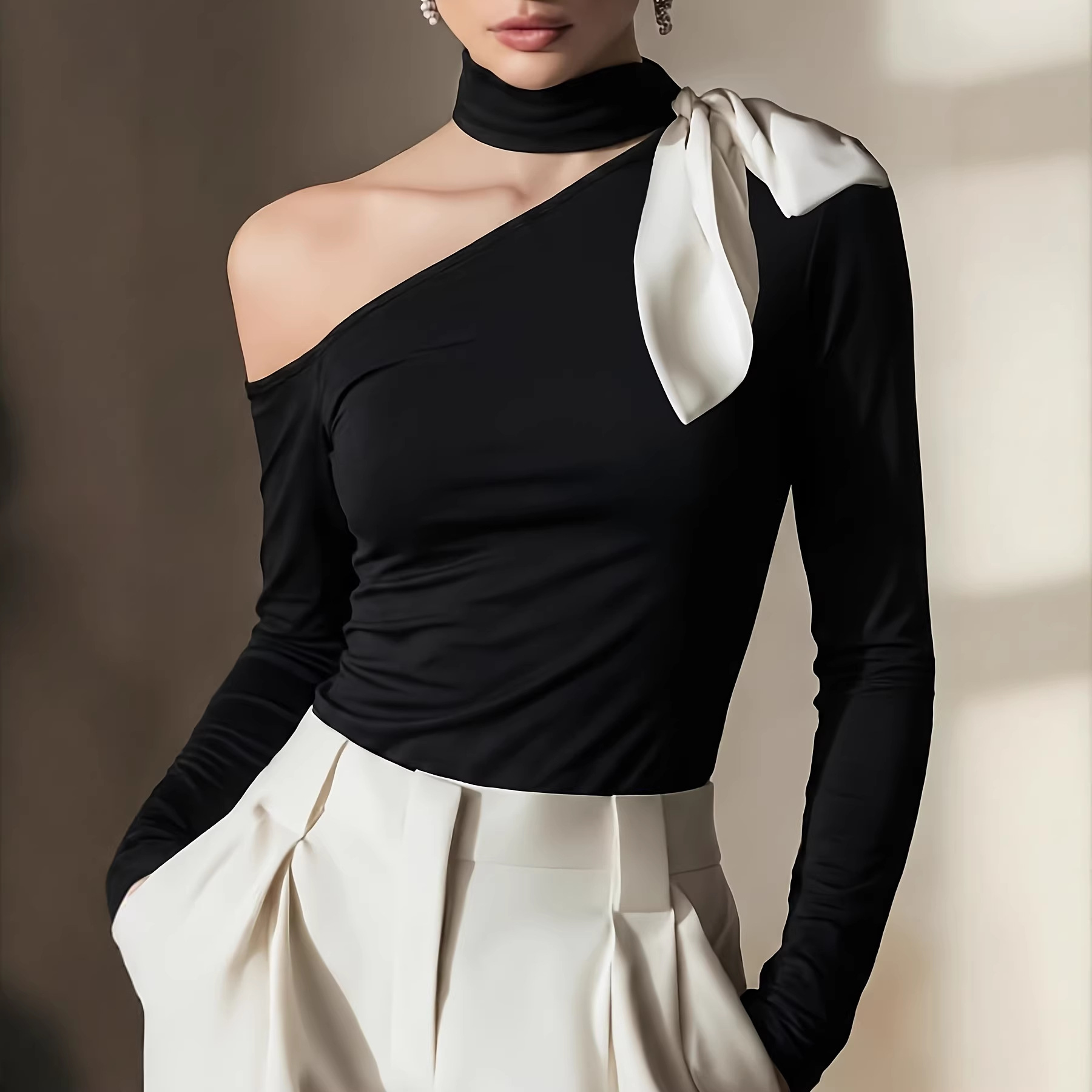 Black And White Color-block Bow-knot One-shoulder Knit Top
