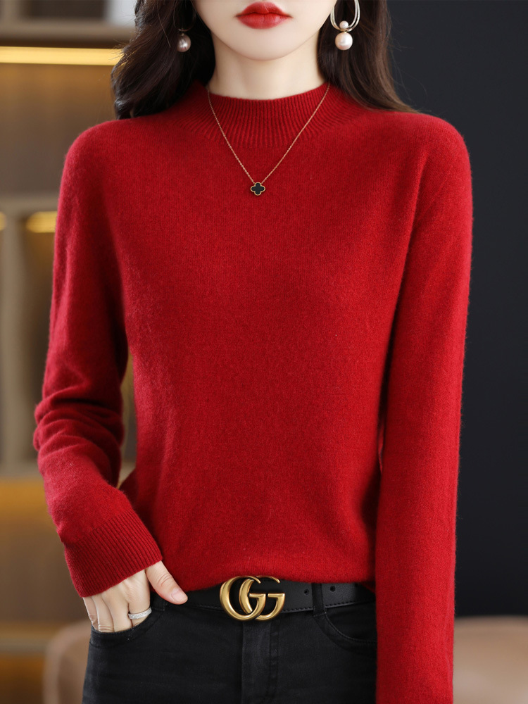 Half collar Wool Sweater Bottoming Shirt Pullover Wine Red - Shop at LoveMi