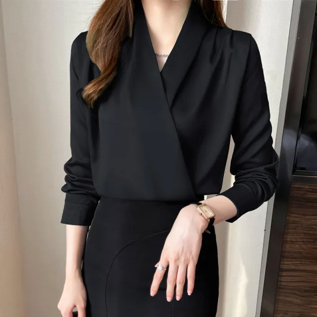 Business Shirt Niche Cross V neck Long Sleeve All match Satin Top Black - Shop at LoveMi