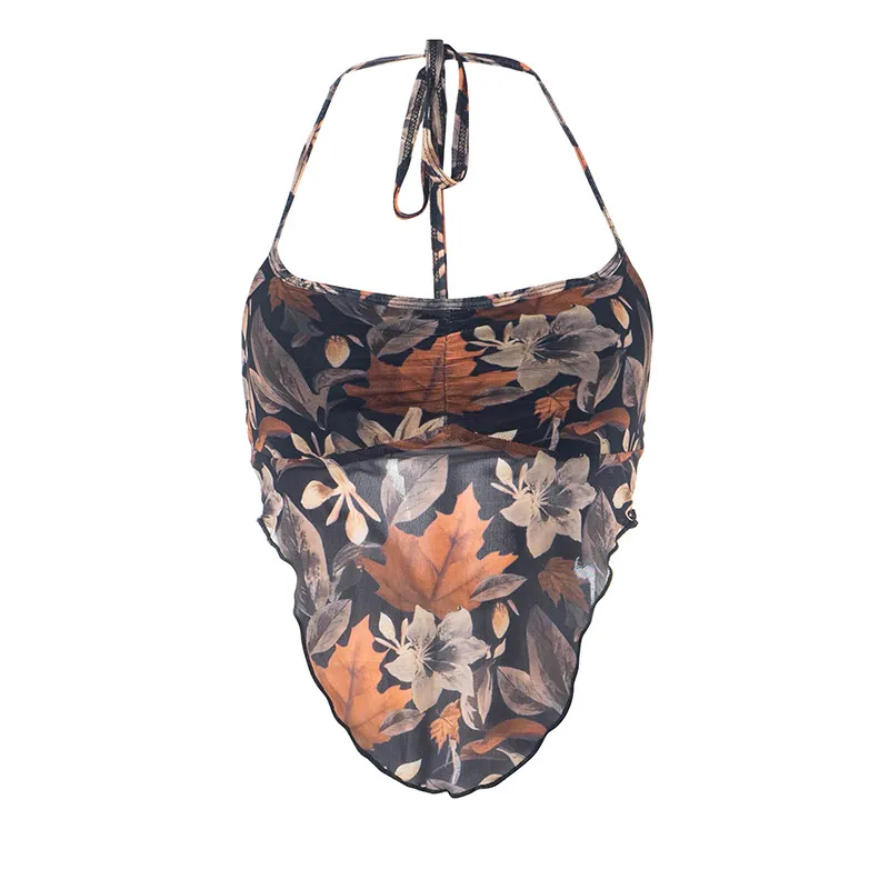 Retro Style Spicy Girl Maple Leaf Printed Camisole Short Vest Top For Women - Brown