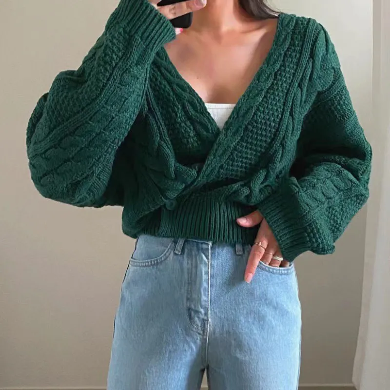 Autumn And Winter Diagonal Cardigan Cross Non-specification V-neck Sweater - Green
