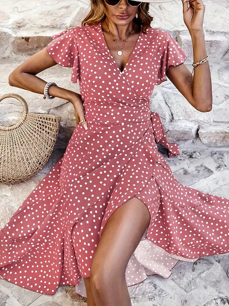 V neck Printing Short Sleeve Skirt Tied Lotus Leaf Dress Pink - Shop at LoveMi