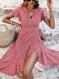 V-neck Printing Short Sleeve Skirt Tied Lotus Leaf Dress - Pink - View 1