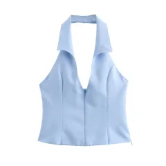 Sweet And Spicy Style Backless Slim Fit Shirt Hanging Collar Top Low Waist Skirt Pants - Blue - View 1