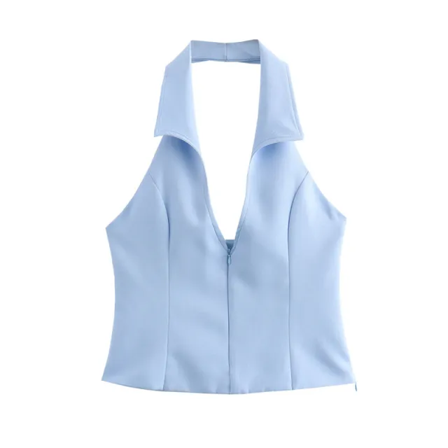 Sweet And Spicy Style Backless Slim Fit Shirt Hanging Collar Top Low Waist Skirt Pants Blue Coat - Shop at LoveMi