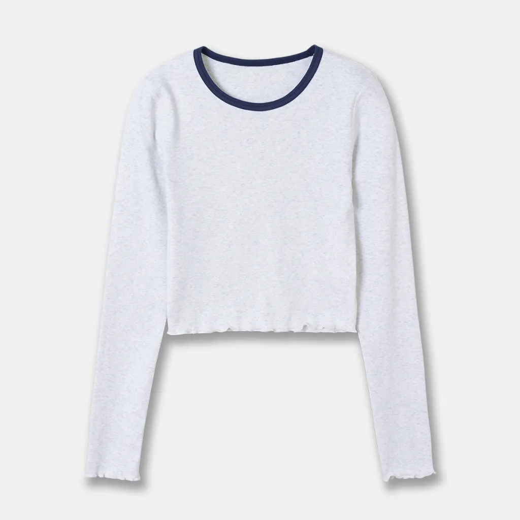 Women's Rib Knitted Curling Short-sleeved T-shirt - Shallow Flower Ash
