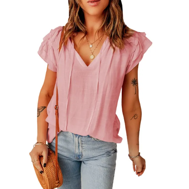 Short Sleeve Top Casual Loose Solid Color T shirt Pink - Shop at LoveMi