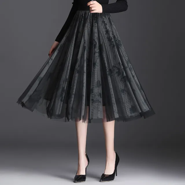 Gauze Skirt Women's Half length High Waist Three layer Large Swing Skirt Fashion Oversized Pleated Skirt Black - Shop at LoveMi