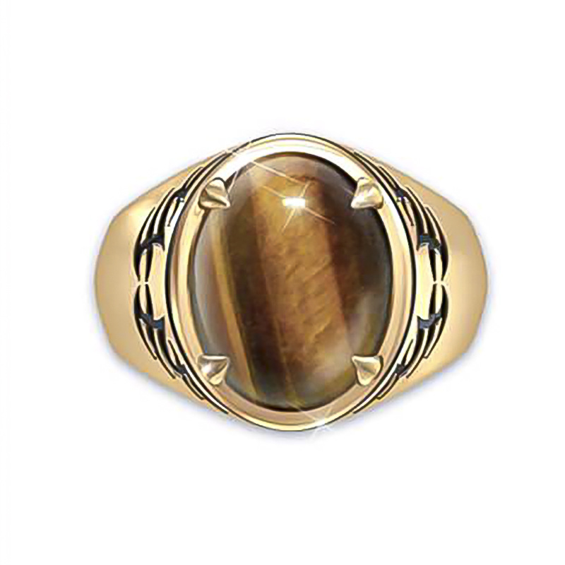 Vintage Etched Tribal Tattoo Style Tiger Eye Men's Ring