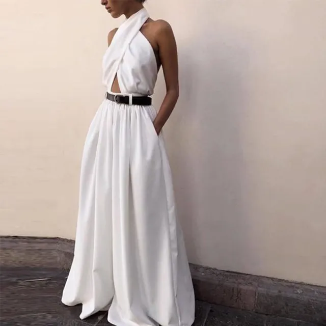 Women's Dunhuang Sleeveless Halter Backless Jumpsuit Trousers White - Shop at LoveMi