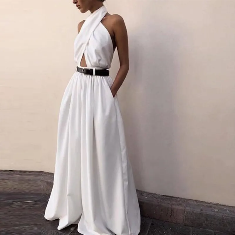 Women's Dunhuang Sleeveless Halter Backless Jumpsuit Trousers - White