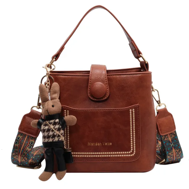 One shoulder Crossbody Special interest Design Portable Bucket Bag Caramel With Pendant - Shop at LoveMi