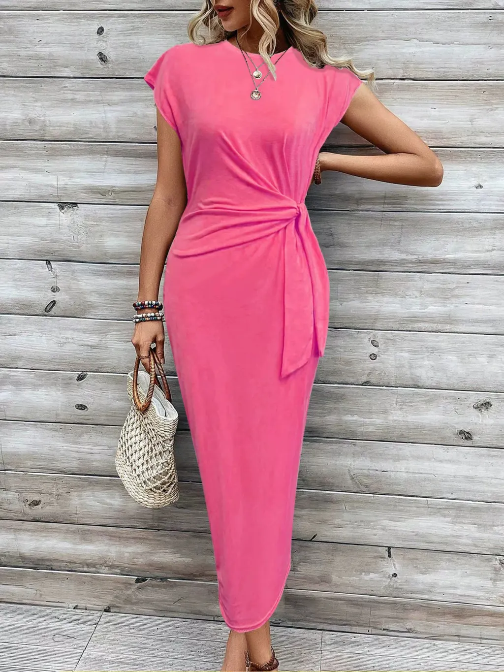 Elegant Waist Strap Striped Round Neck Short Sleeve And Long Pattern Dress - Rose Red