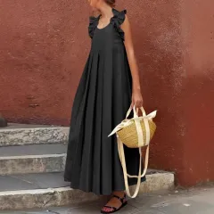 Women's Casual Long Ruffle-Trimmed Solid-Colour Dress - Black - View 1