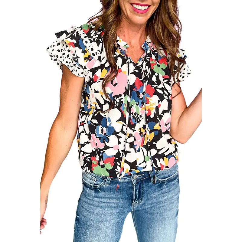 Women's V-neck Three-quarter Sleeve Top Casual Chiffon Shirt - P222-S