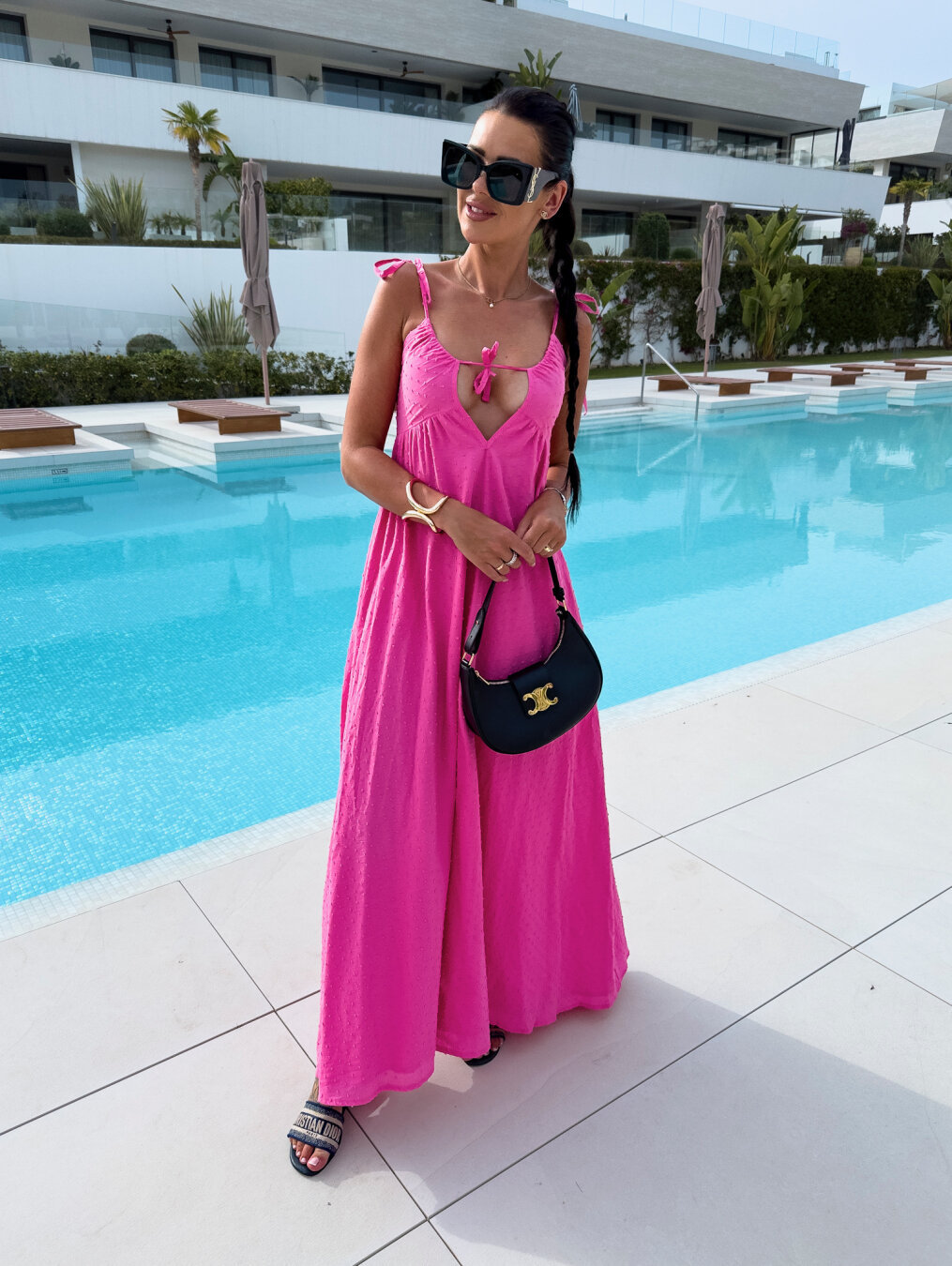 solid color jacquard deep v sling dress front view