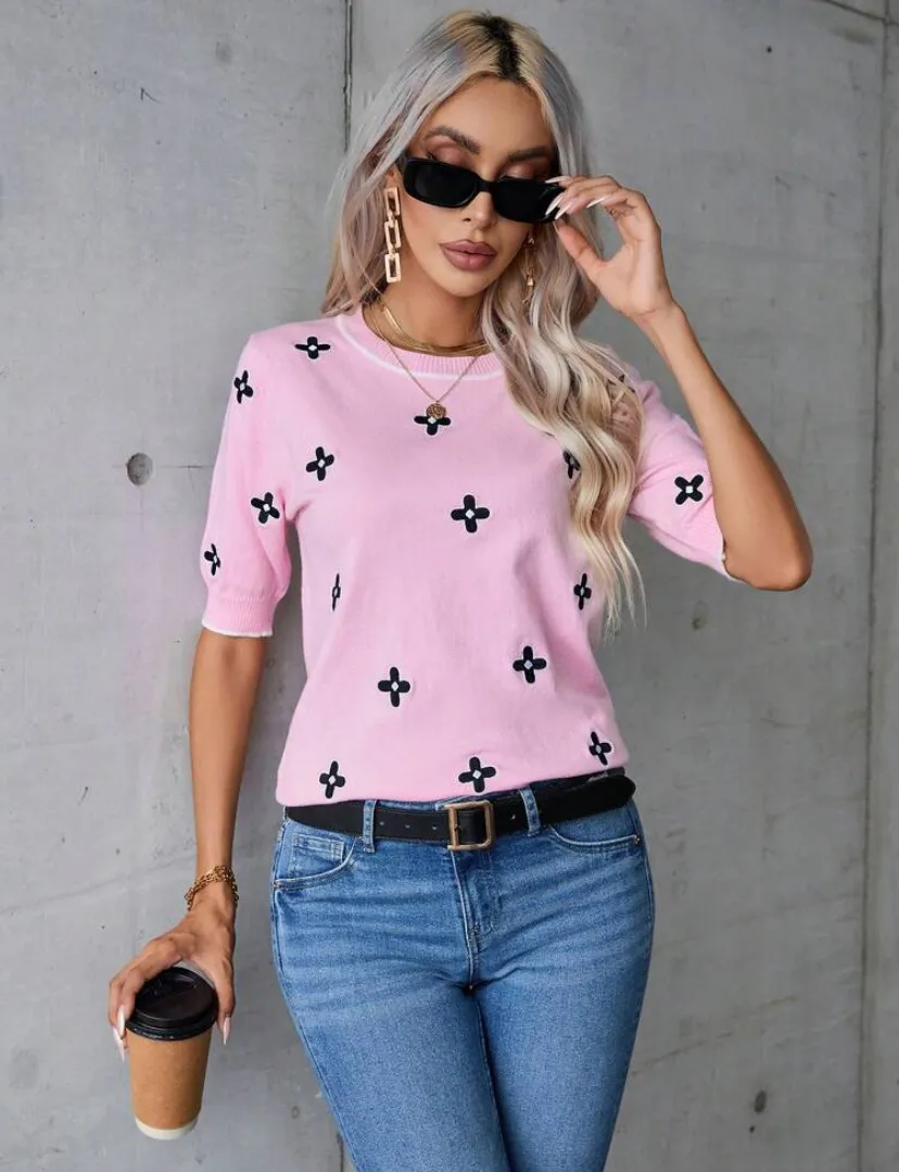 Flower Sweater With Short Sleeves Contrast Color Round Neck - Pink
