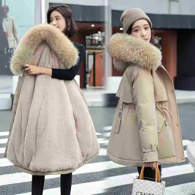 Long Style Large Fur Collar Fleece Lined Cotton Jacket Down Cotton Coat Outerwear Snowflake Khaki - Shop at LoveMi