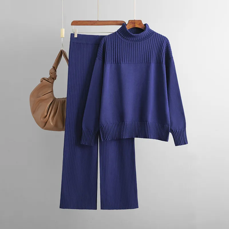 Women's Knitted Pullover Solid Color High Collar Loose Casual Autumn And Winter Sweater Two-piece Set - Sapphire Blue