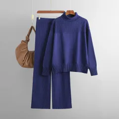 Women's Knitted Pullover Solid Color High Collar Loose Casual Autumn And Winter Sweater Two-piece Set - Sapphire Blue - View 1