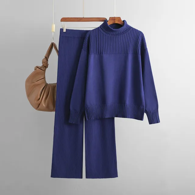 Women's Knitted Pullover Solid Color High Collar Loose Casual Autumn And Winter Sweater Two piece Set Sapphire Blue - Shop at LoveMi