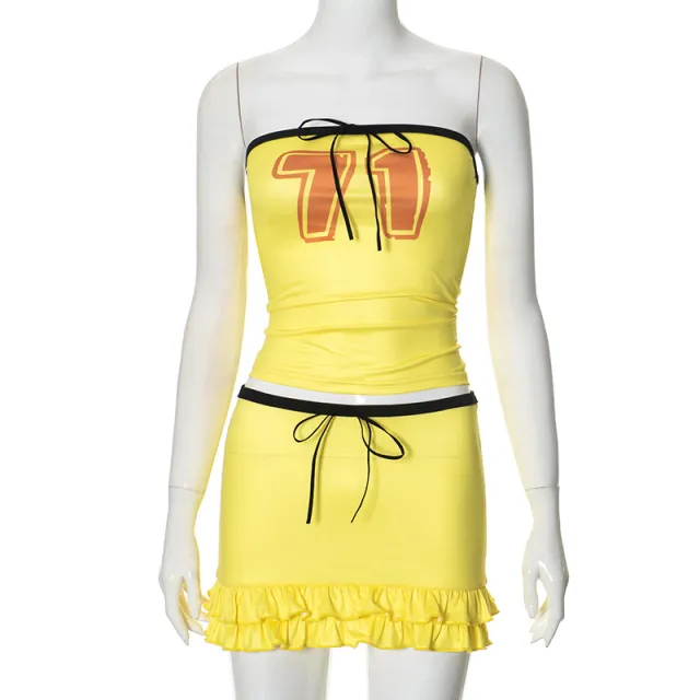 Printed Tube Top Ruffled Hip Skirt Two piece Set Yellow - Shop at LoveMi