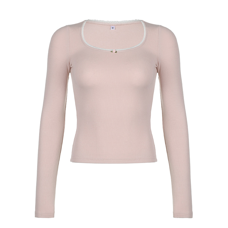 Pure Lace Contrast Color Slim Fit Slimming Bottoming Shirt Top