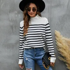 Women's Striped Sweater Loose Long Sleeve Stand Collar Sweater - Black - View 1
