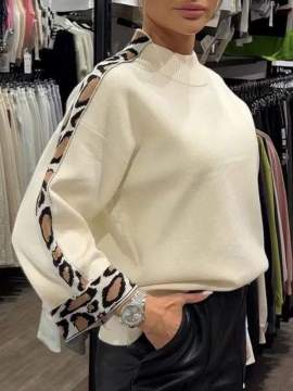 Fashion Women's Turtleneck Long Sleeve Leopard Splicing Top