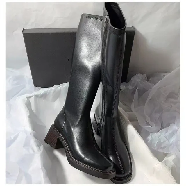 Chunky Heeled Fashionable Square Toe Over the Knee Boots Black - Shop at LoveMi