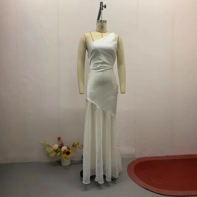 Summer New European And American Diagonal Collar Fashion Temperament Waist controlled Dress White - Shop at LoveMi