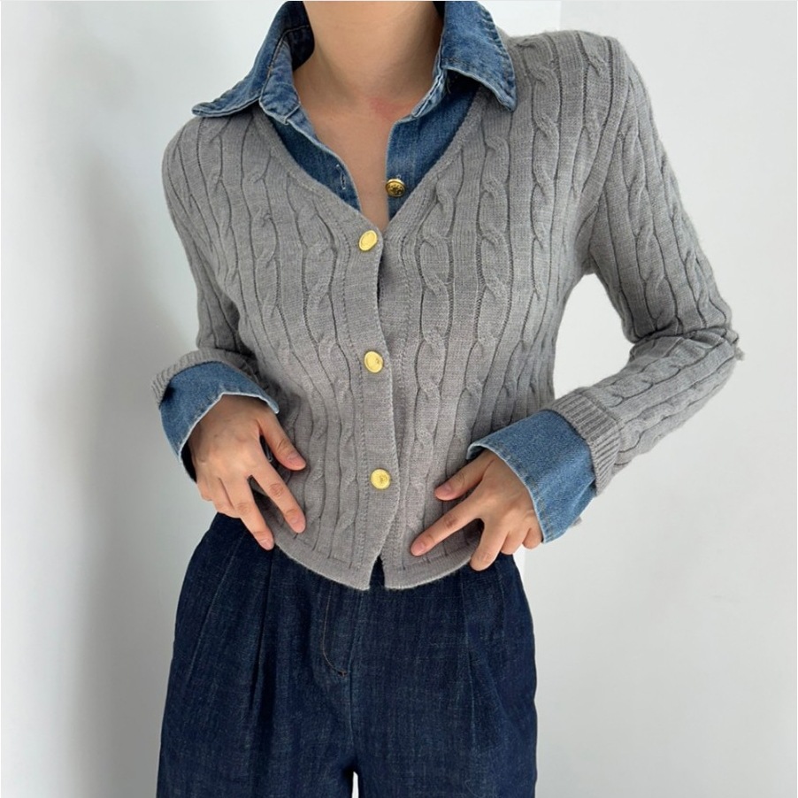 Title 14, Maglione a maniche lunghe con cuciture in denim...