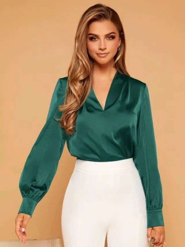 Women's Long sleeved Satin Shirt Green - Shop at LoveMi