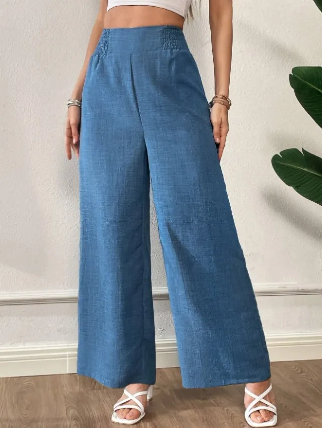 Women's Solid Color High Waist Slimming Wide Leg Pants Denim Blue - Shop at LoveMi