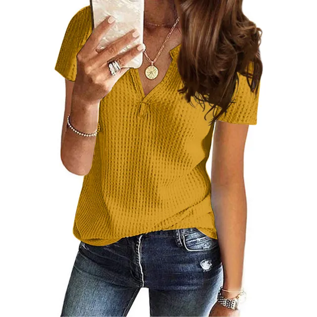 Women's Shirt V neck Fashion Short Sleeve Yellow - Shop at LoveMi