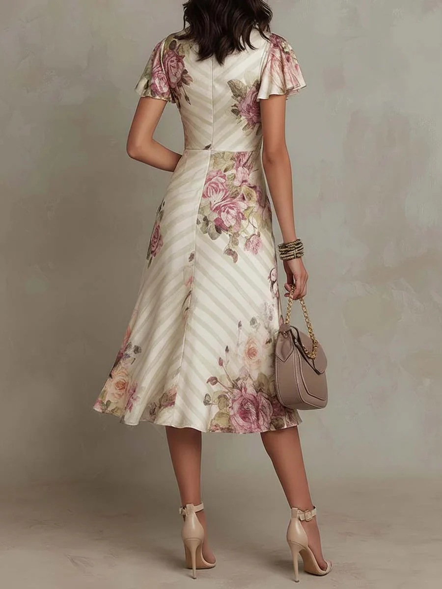 Ruffled hem maxi dress back view – V-neck satin A-line color block dress women's elegant fashion