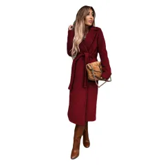 Autumn And Winter Women's Clothing Solid Colour Polo Collar Long-sleeved Woolen Coat - Wine Red - View 1