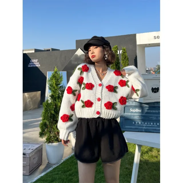 New Knitting Needle Sweater Thick Knitted Cardigan Three dimensional Rose Flower Sweet Coat For Women Red - Shop at LoveMi