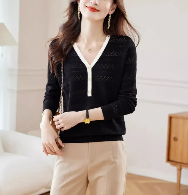 V neck Sweater Thin Loose Outer Wear Black - Shop at LoveMi