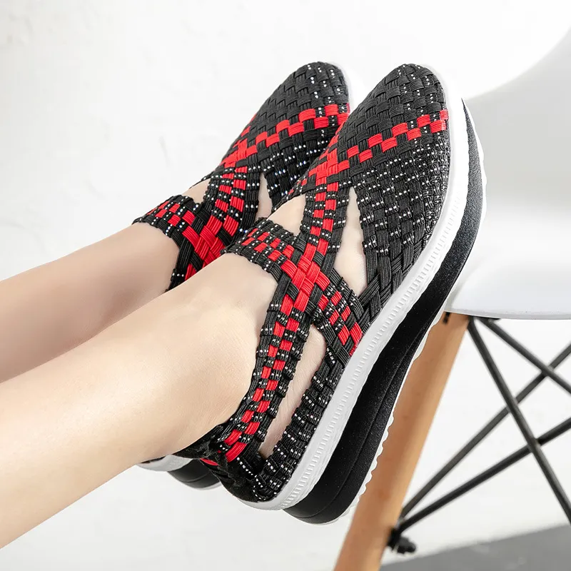 Elastic Fabric Woven Thick Bottom Female Sneaker Lazy Height Increasing - Red