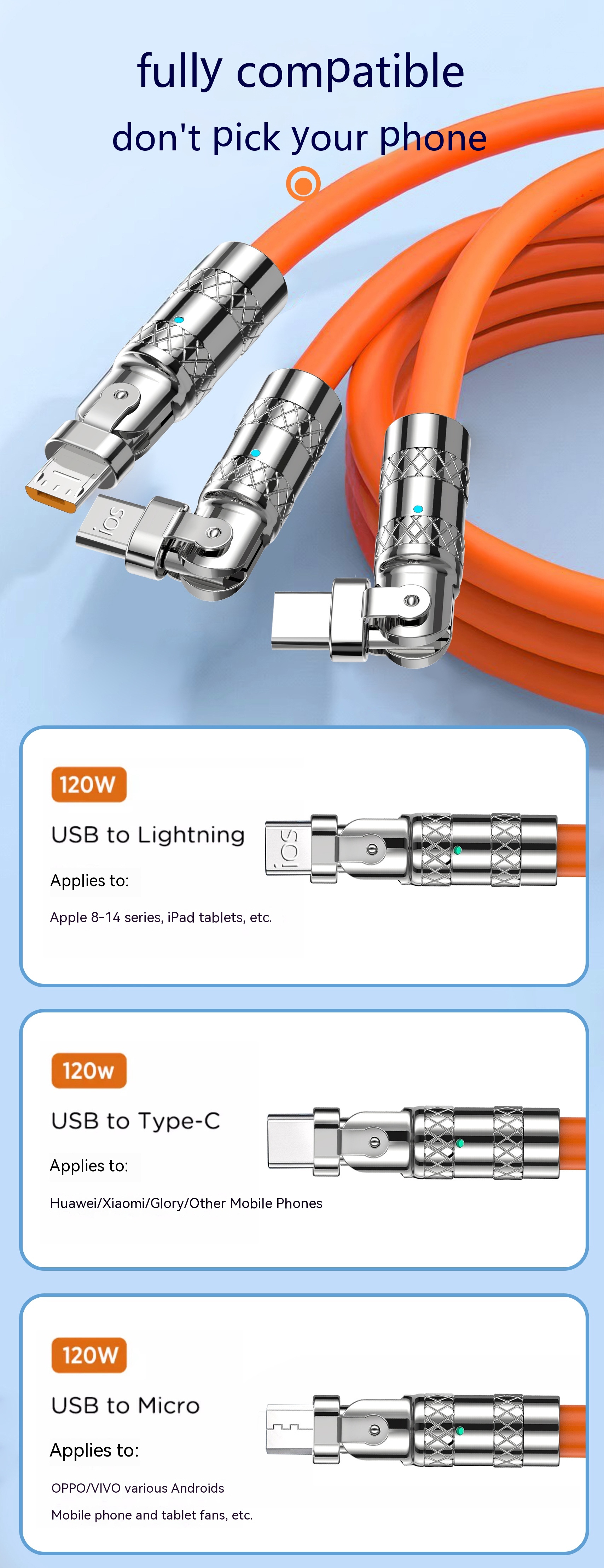 120W One-to-three Elbow Fast Charging Zinc Alloy Charging Cable 180 Degree Rotation