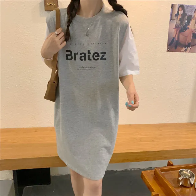 Loose Large Size Letters Printed Fake Two piece Dress Short Sleeve Light Gray - Shop at LoveMi