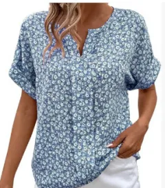 Casual V-neck Short Sleeve Printed Loose Shirt - Wb28Yx250403Y001 - View 1
