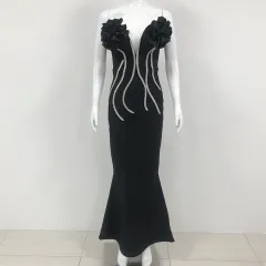 European And American Fashion New Style Temperament Socialite Flower Chain Strapless Long Type Evening Dress - Black - View 1