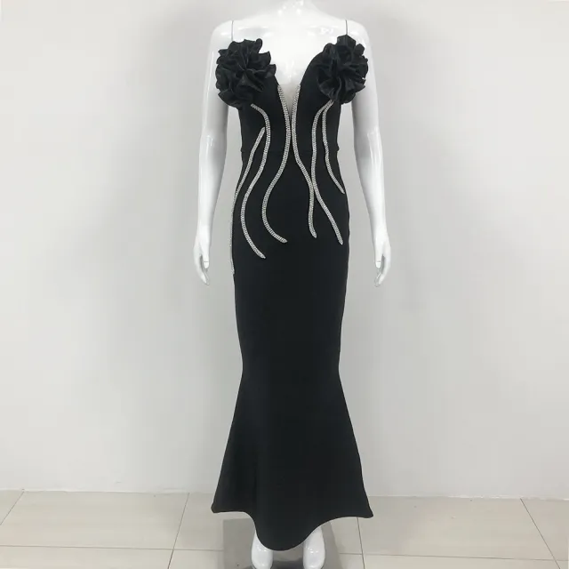 European And American Fashion New Style Temperament Socialite Flower Chain Strapless Long Type Evening Dress Black - Shop at LoveMi