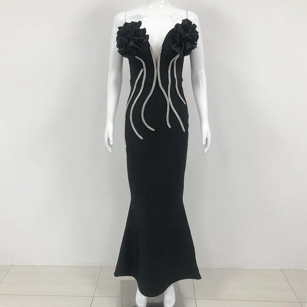 European And American Fashion New Style Temperament Socialite Flower Chain Strapless Long Type Evening Dress - Black