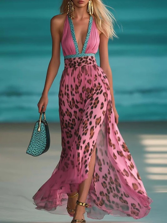 European And American Leopard Print V neck Waist controlled Slimming Temperament Camisole Dress Pink - Shop at LoveMi