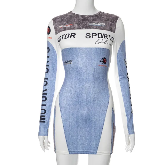 New Fashion Casual Sports Motorcycle Printed Long Sleeve Round Neck Short Dress Blue Printing - Shop at LoveMi