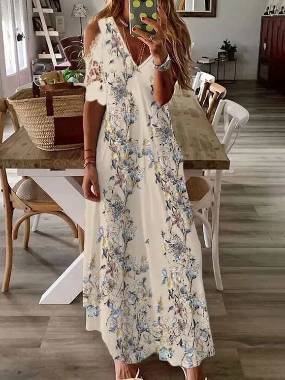 Women's Summer Floral Short Sleeve Printed Bohemian Dress - Beige
